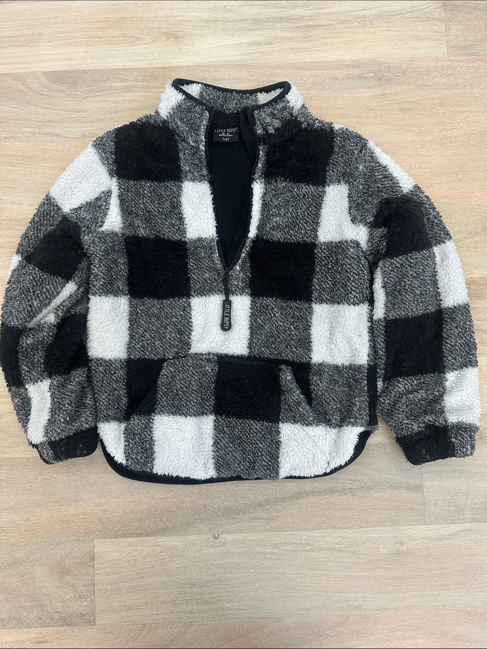 Little Bipsy Black & White Buffalo Plaid Sherpa Half-Zip Pullover